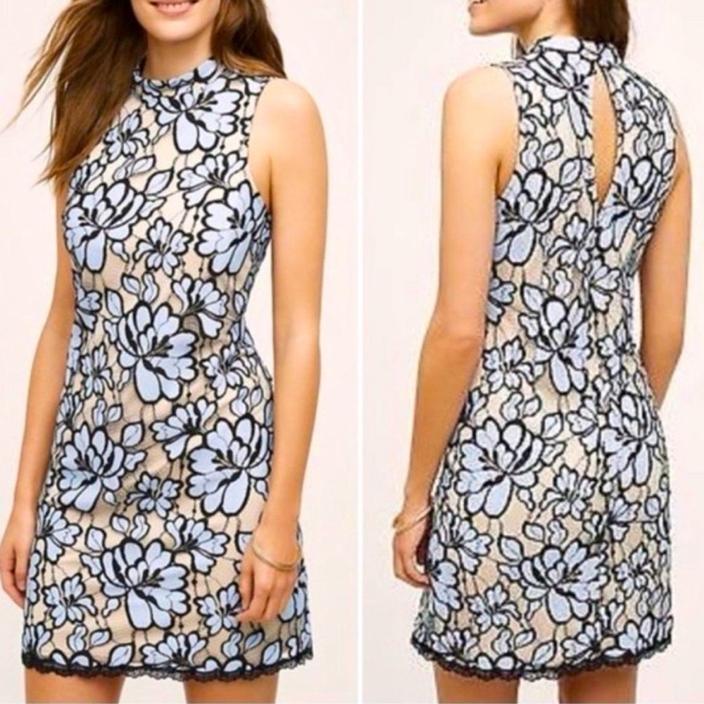 ANTHROPOLOGIE|TRACY REESE Blue And White Floral Lace Overlay Mini Dress, US 12.